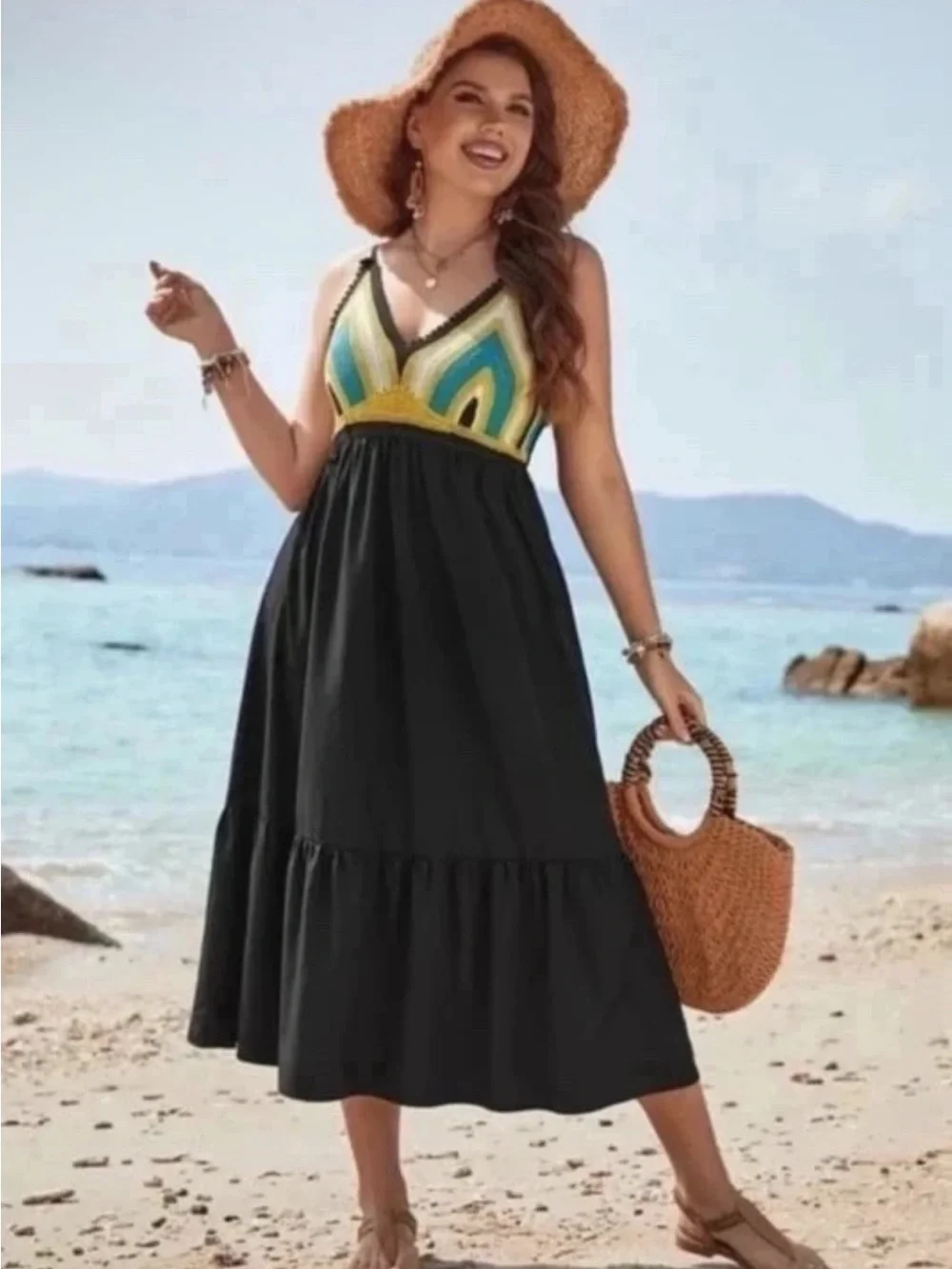 🆕Women’s plus-size Black/Multicolor Crochet-Bodice Midi Summer Dress💜💜3X/4X
